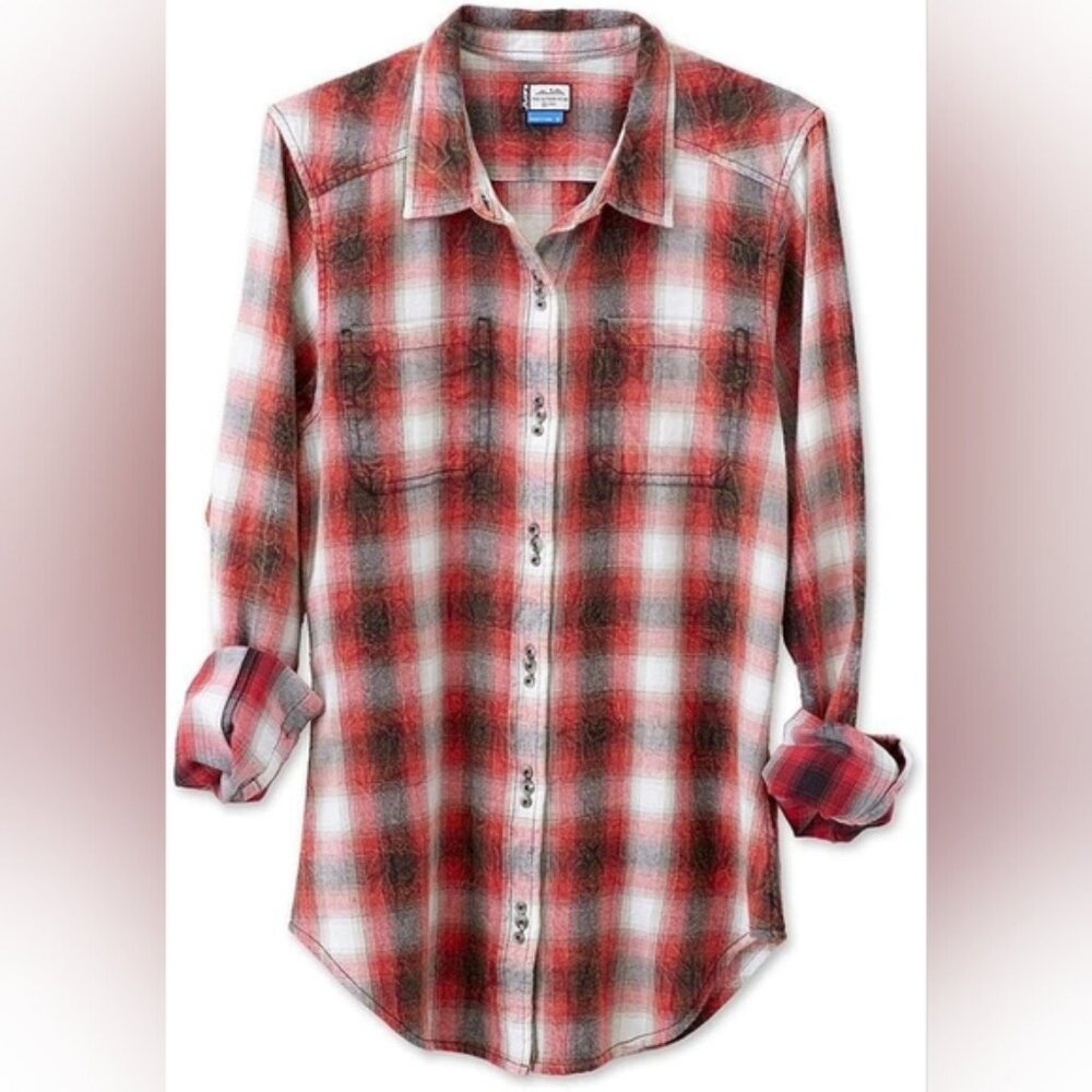 KAVU Cameron Shirt Red Flannel Plaid Button Up Shirt Boyfriend Fit Womens Small